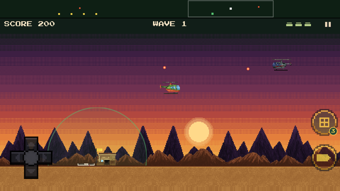 RetroRotor gameplay — dogfighting an enemy chopper over the desert at sunset