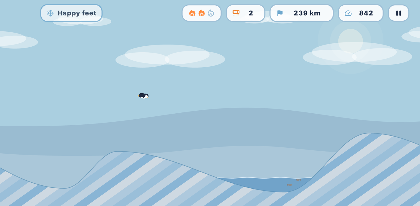 Southbound gameplay — Pip gliding over arctic hills